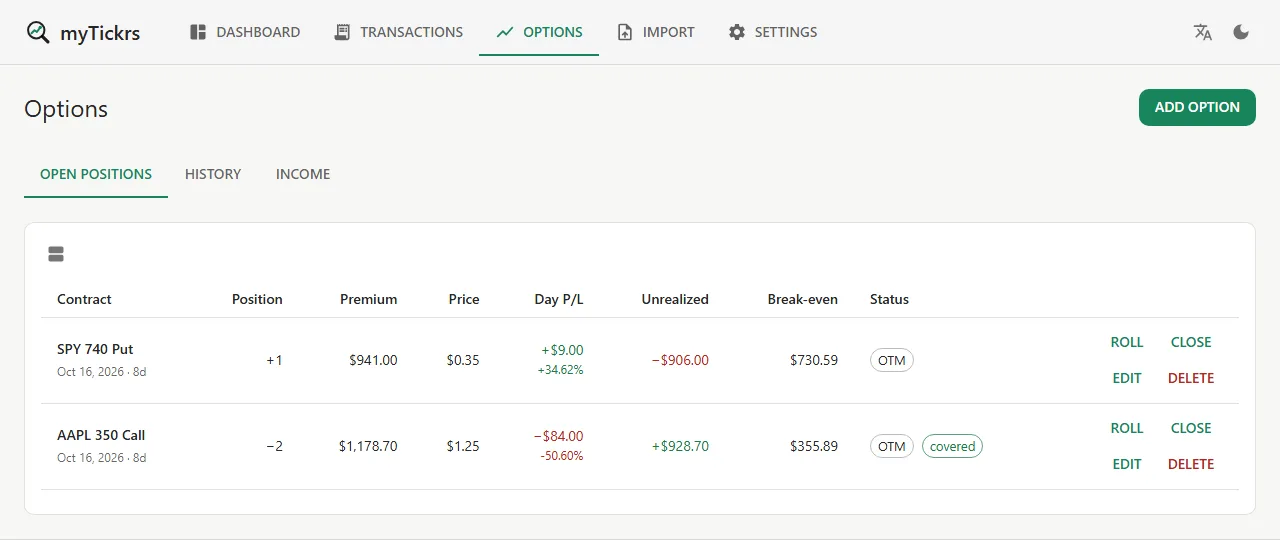 The Options page: open contracts with premium, price, day P/L, unrealized P/L, break-even and status, each with Roll and Close actions.